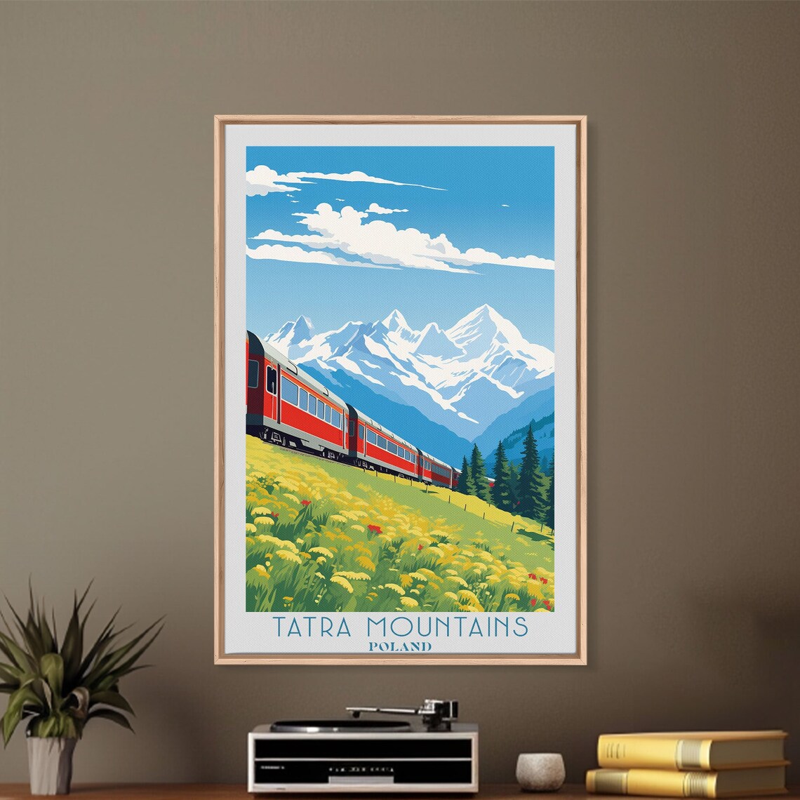 Tatra Mountains Poland Red Train Flower Meadow Snow Peaks Travel Poster