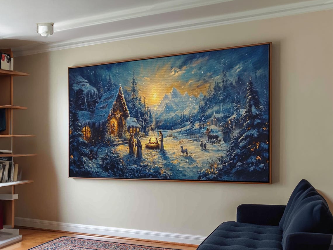 Christmas Nativity Scene Snowy Night Chapel Mountains Starry Art Print - Image 3