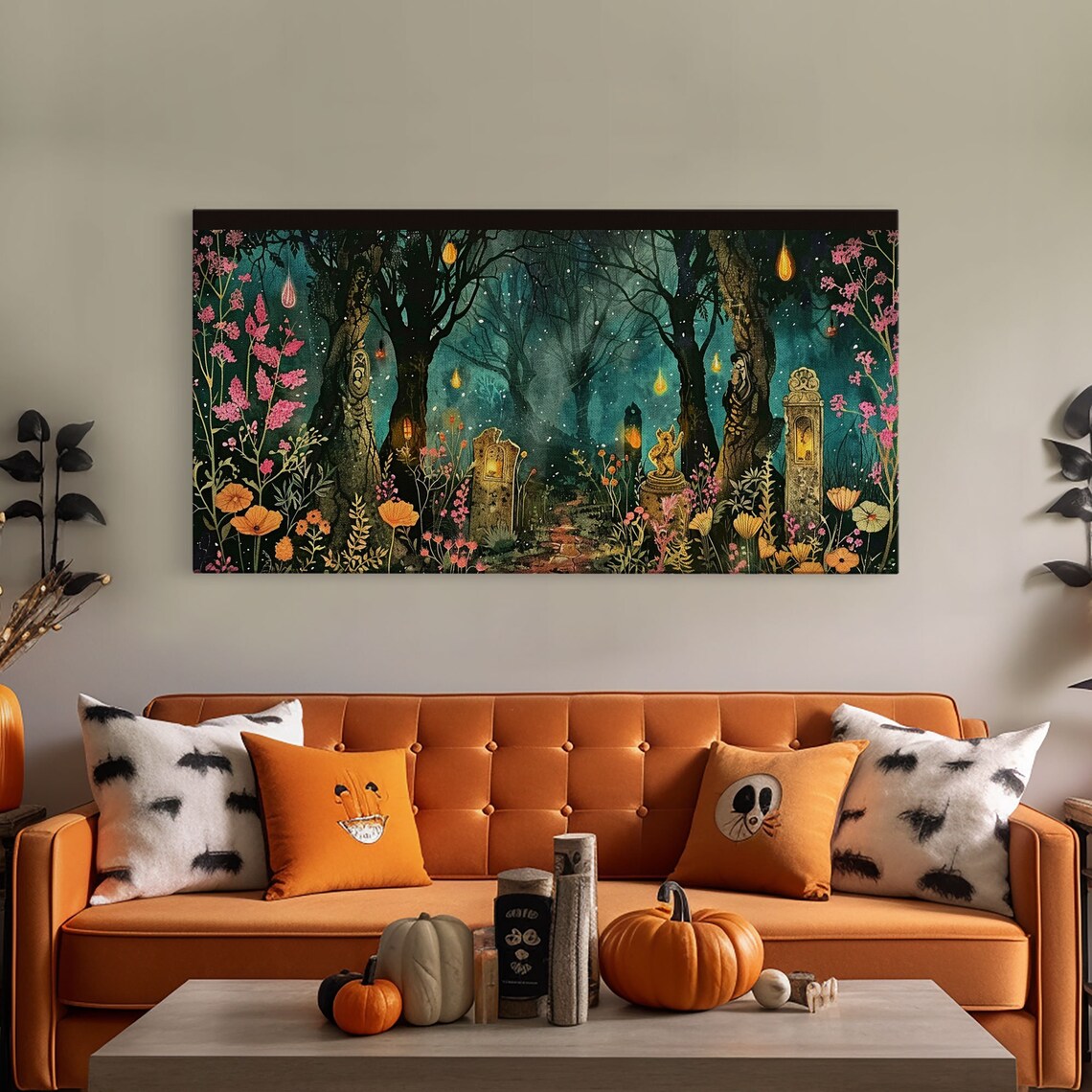 Haunted Forest Cemetery Glowing Lanterns Pink Wildflowers Spooky Wall Art - Image 4