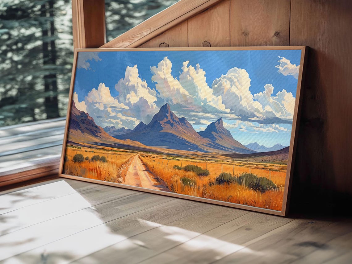 Desert Dirt Road To Purple Mountains Golden Grass Landscape Poster - Image 3