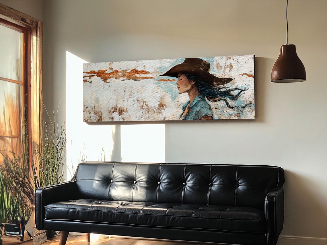 Cowgirl Profile Wide Brim Hat Windblown Hair Western Wall Poster - Image 2