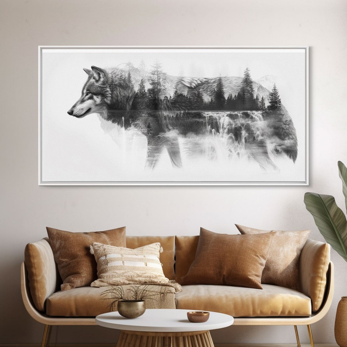Gray Wolf Forest Waterfall Double Exposure Black White Poster