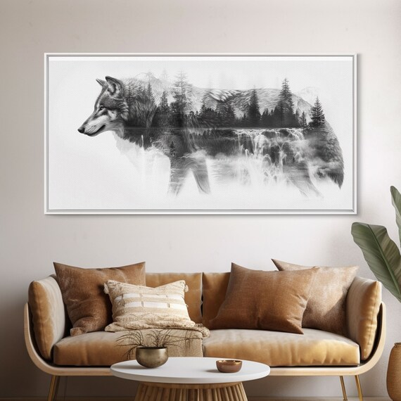 Gray Wolf Forest Waterfall Double Exposure Black White Poster