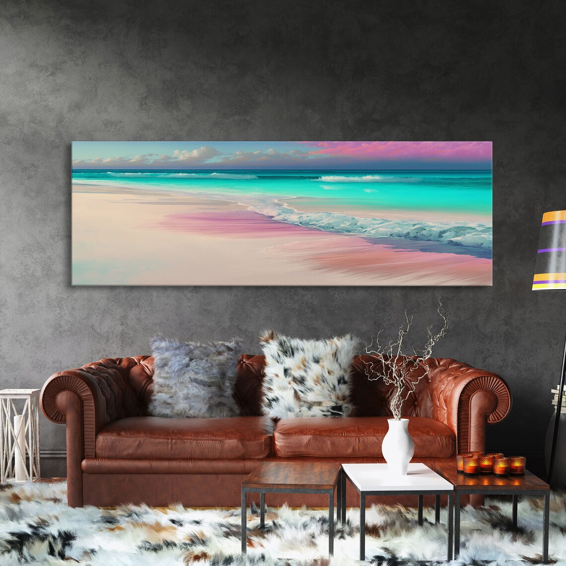 Panoramic Pastel Beach Sunset Pink Sand Turquoise Ocean Waves Poster - Image 3