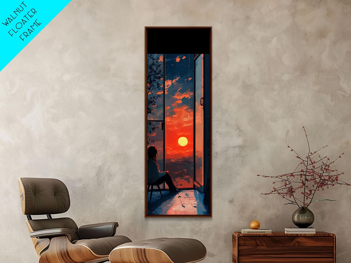 Anime Girl Watching Sunset Tall Window Orange Sky Watercolor Art Poster - Image 2