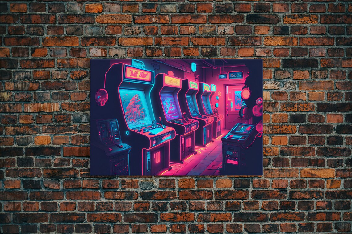 Synthwave Arcade Room Art Print, Retro 90s Neon