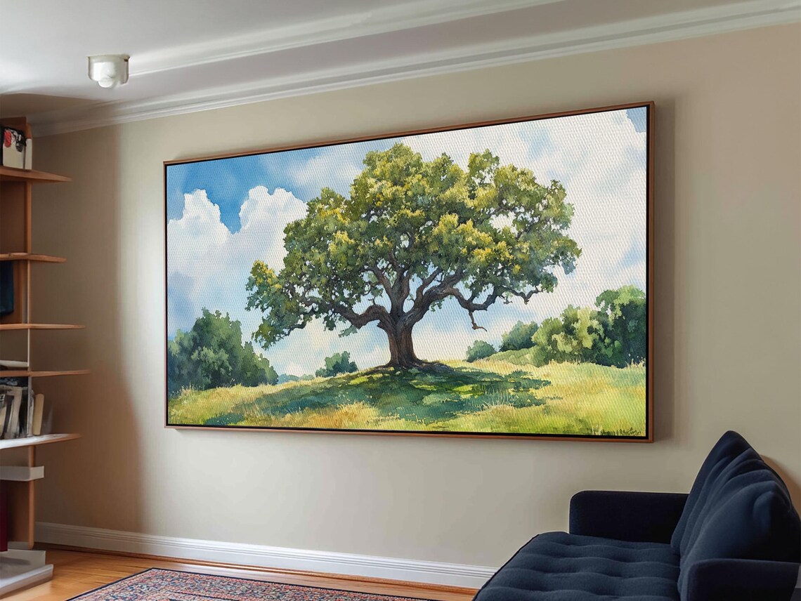 Sprawling Oak Tree Print Rustic Wall Art Panoramic Painting Nature Scene Bedroom Decor Horizontal Artwork Farmhouse Wall Art - Image 5