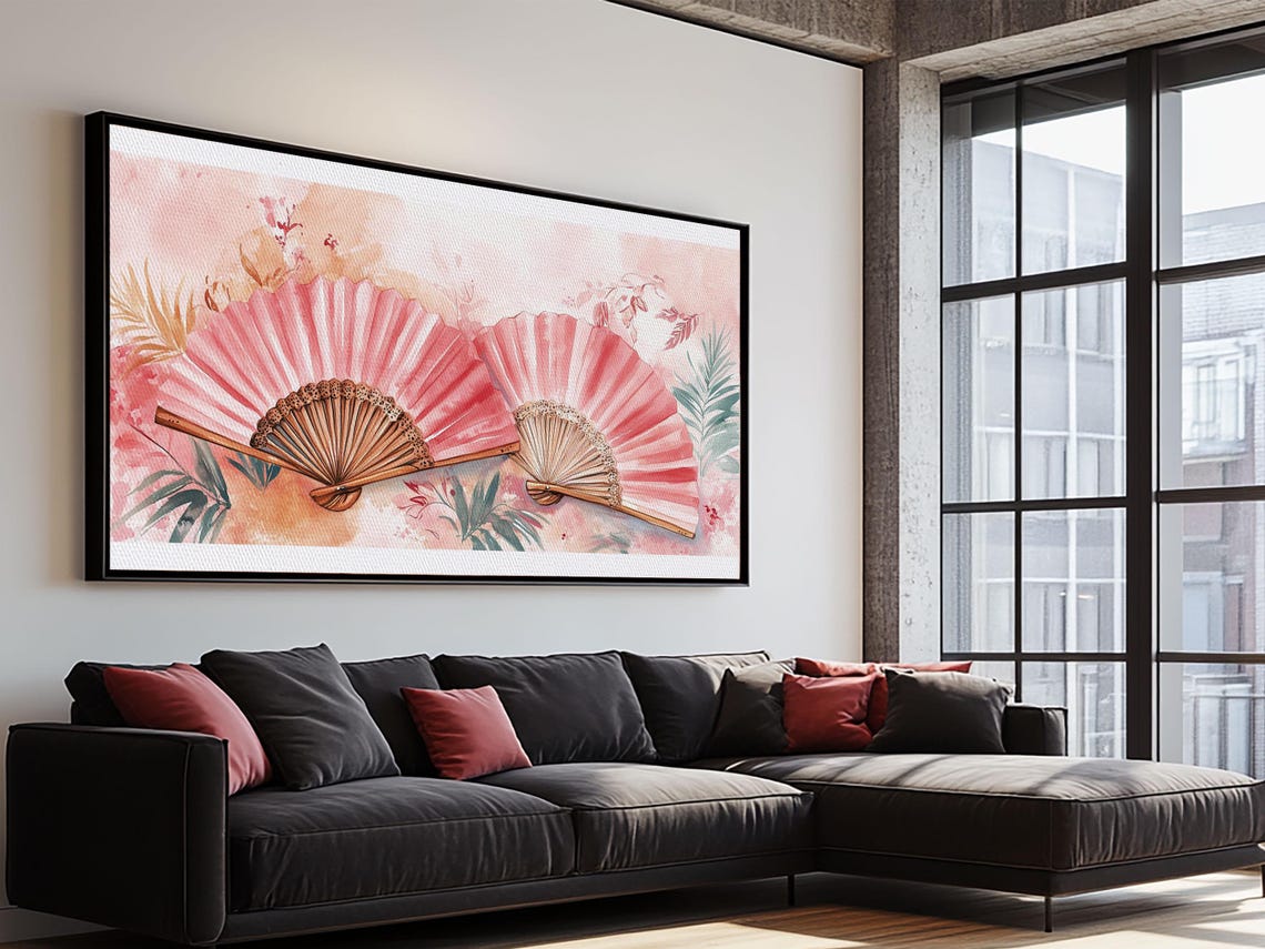 Coral Pink Hand Fans Wide Horizontal Watercolor Botanical Poster - Image 4