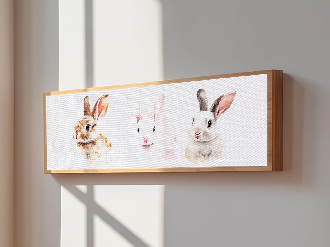 Trio Bunny Rabbits Watercolor Portrait Pink Gold Frame Panoramic Animal Poster - Image 6