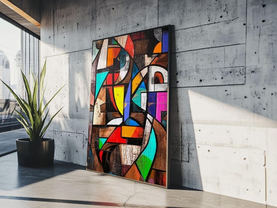 Geometric Framed Print With Stained Glass Effect Modern Wall Art Colorful Rustic Decor Gift Idea For Him Living Room Art