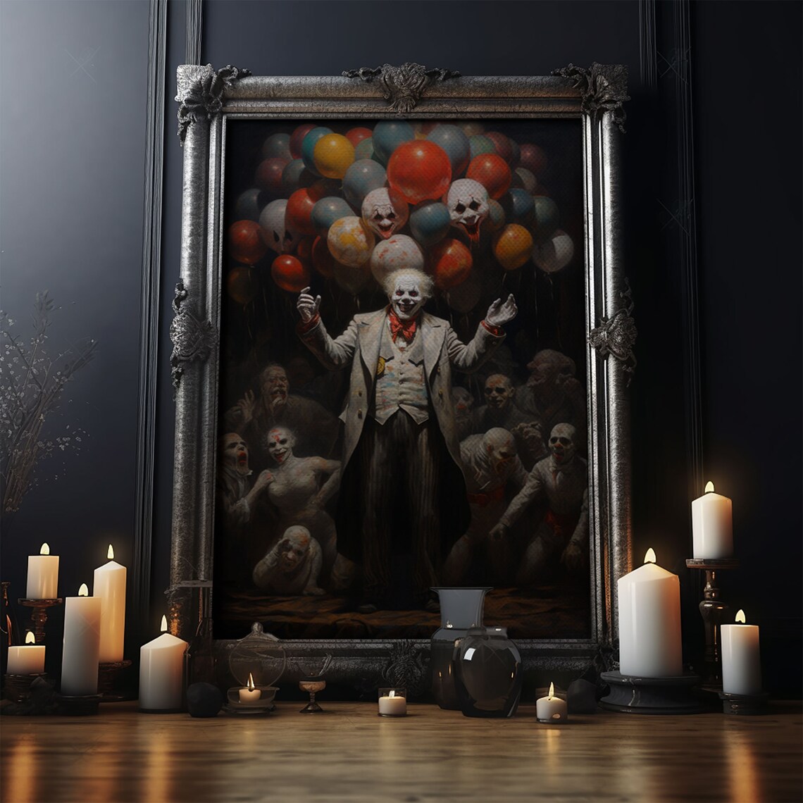 Creepy Clown With Skull Balloons Vintage Circus Horror Wall Art - Image 3