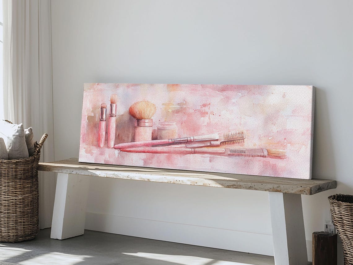 Pink Watercolor Makeup Brushes Vanity Set Horizontal Wall Art Poster - Image 5