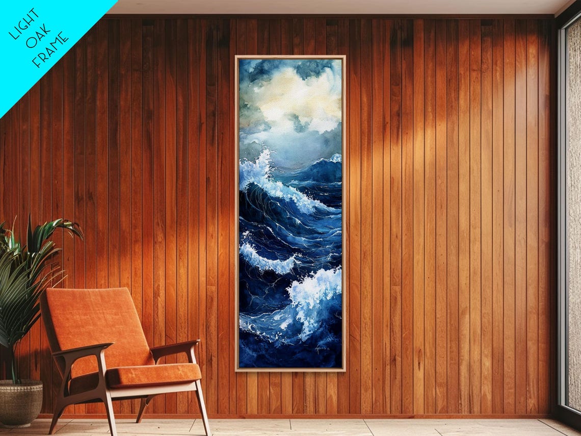Dramatic Deep Blue Ocean Storm Waves Watercolor Seascape Wall Poster - Image 2