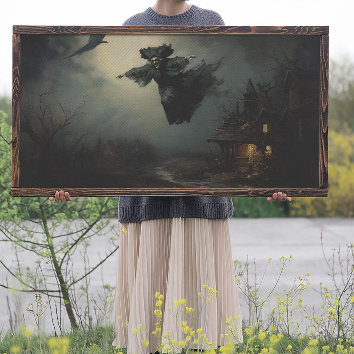 Witch Flying on Broomstick Over Village Night Stormy Sky Art Poster - Image 2