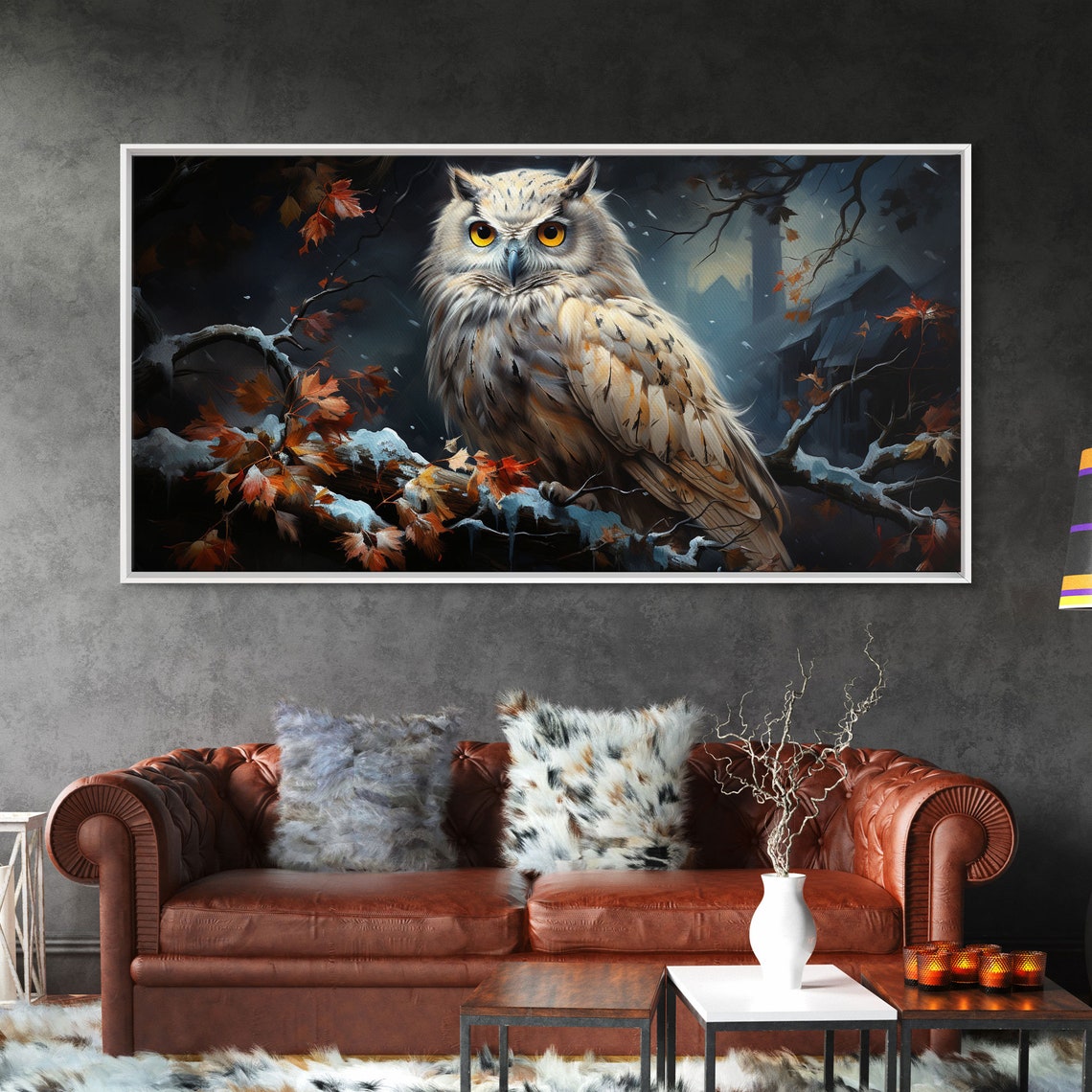 Snowy Owl On Winter Branch Autumn Leaves Night Forest Poster - Image 6