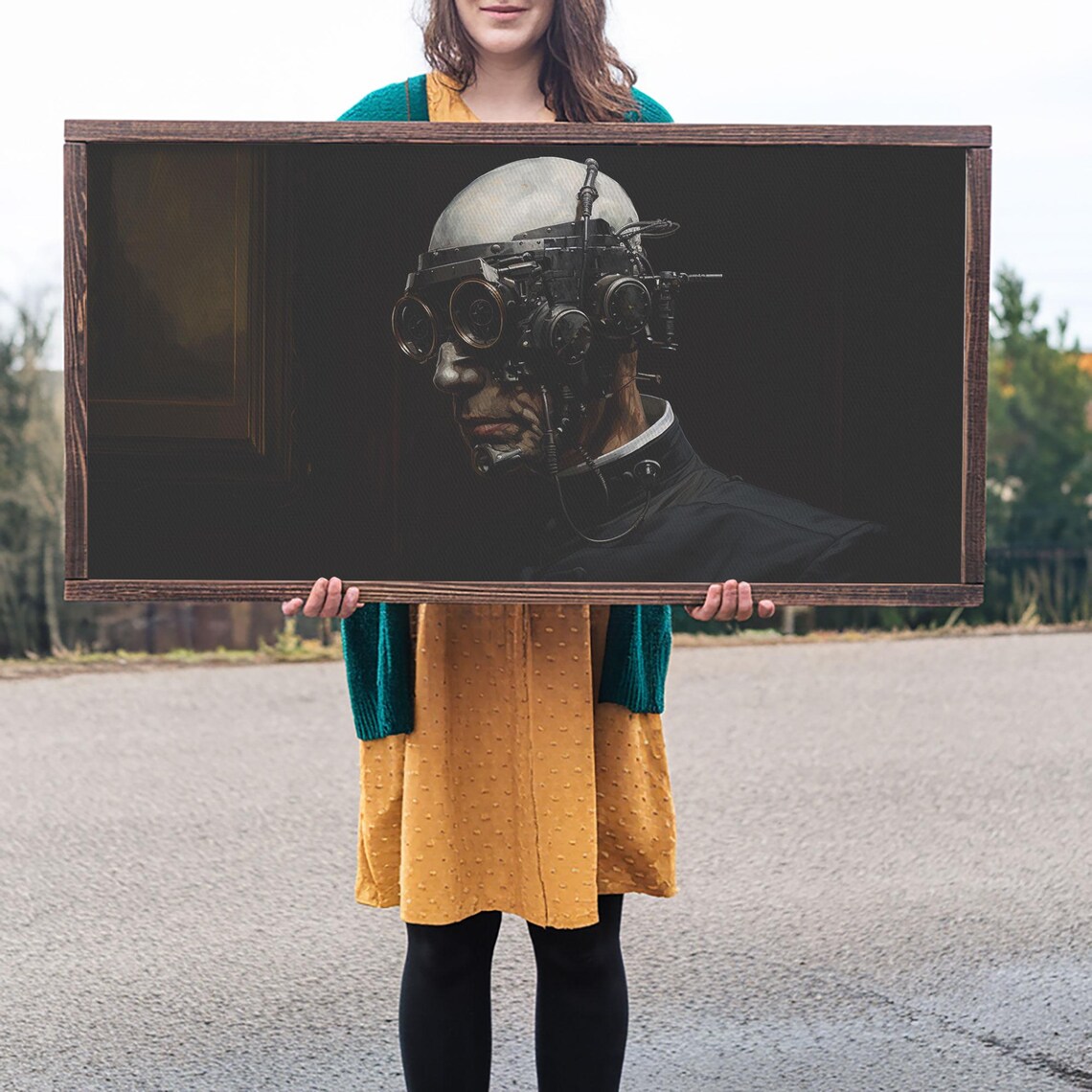Steampunk Cyborg Portrait With Mechanical Goggles Dark Victorian Poster