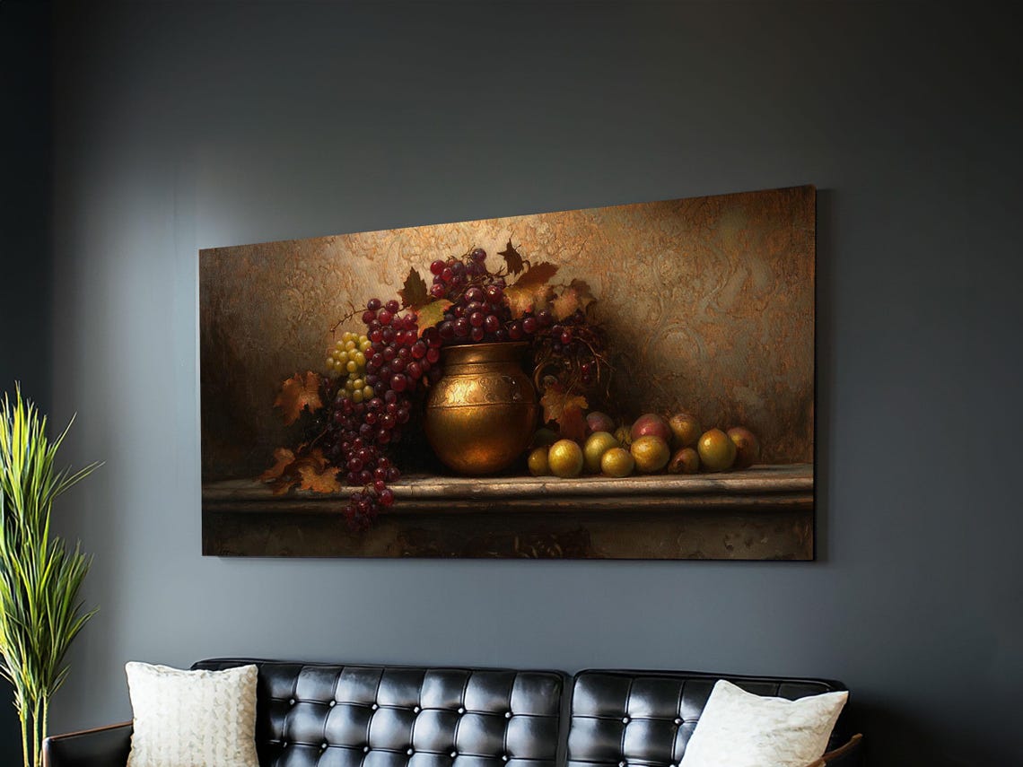 Victorian Still Life Grapes Brass Urn Dark Kitchen Art Poster - Image 5