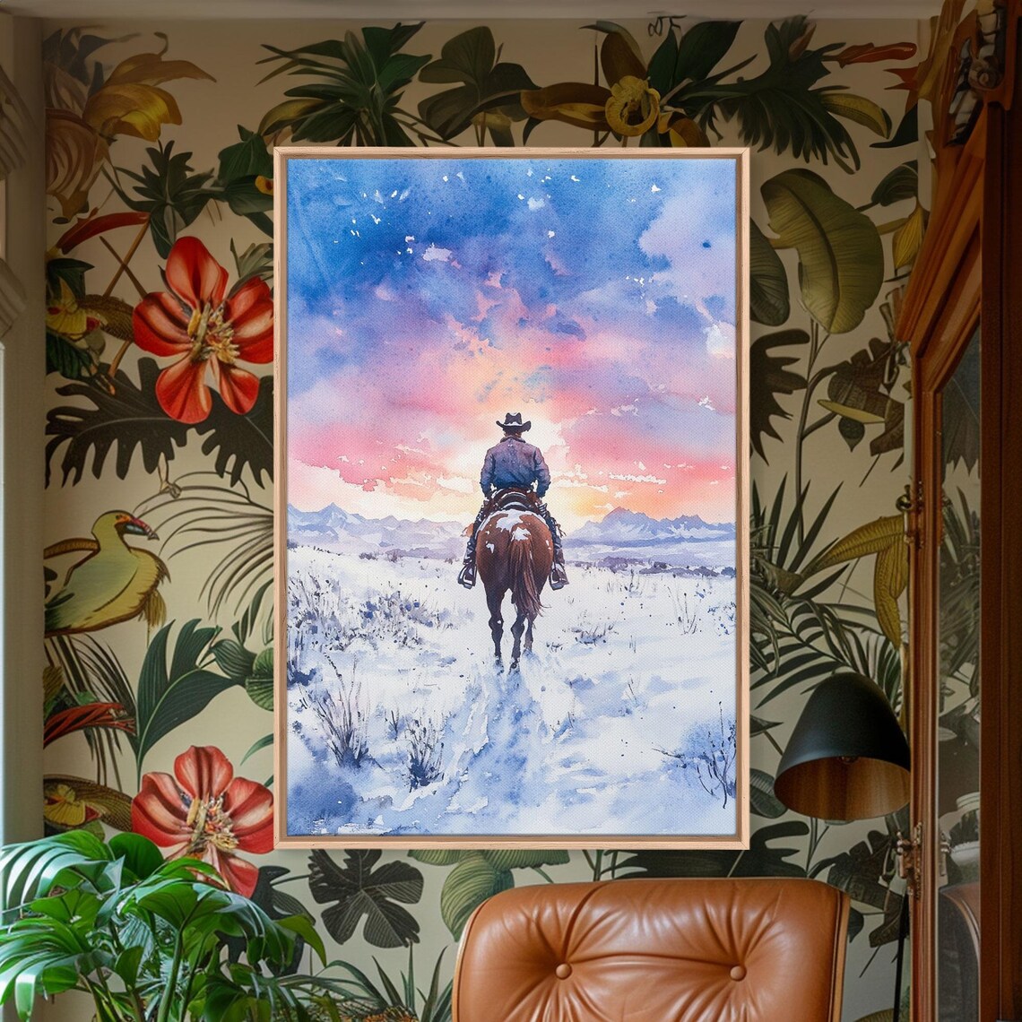 Cowboy Riding Horse Through Snow Toward Pink Sunset Mountains Poster - Image 5