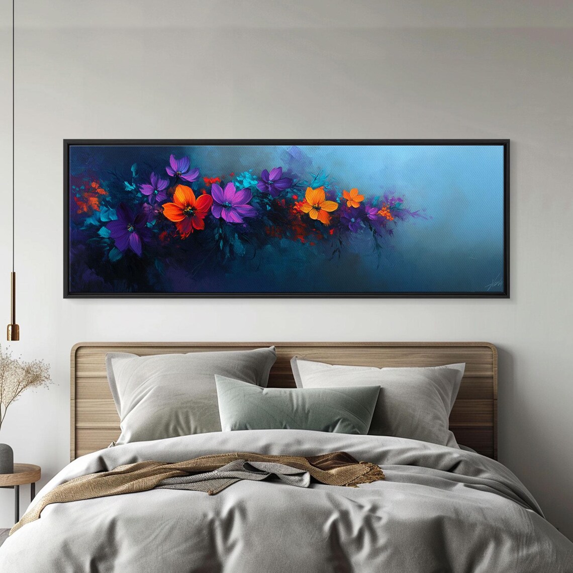 Purple And Orange Flowers On Navy Blue Moody Floral Oil Poster - Image 6