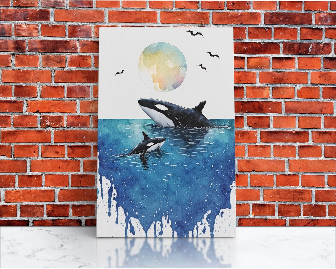 Watercolor Orca Whales Mother Calf Ocean Blue Drip Nursery Art Poster - Image 3