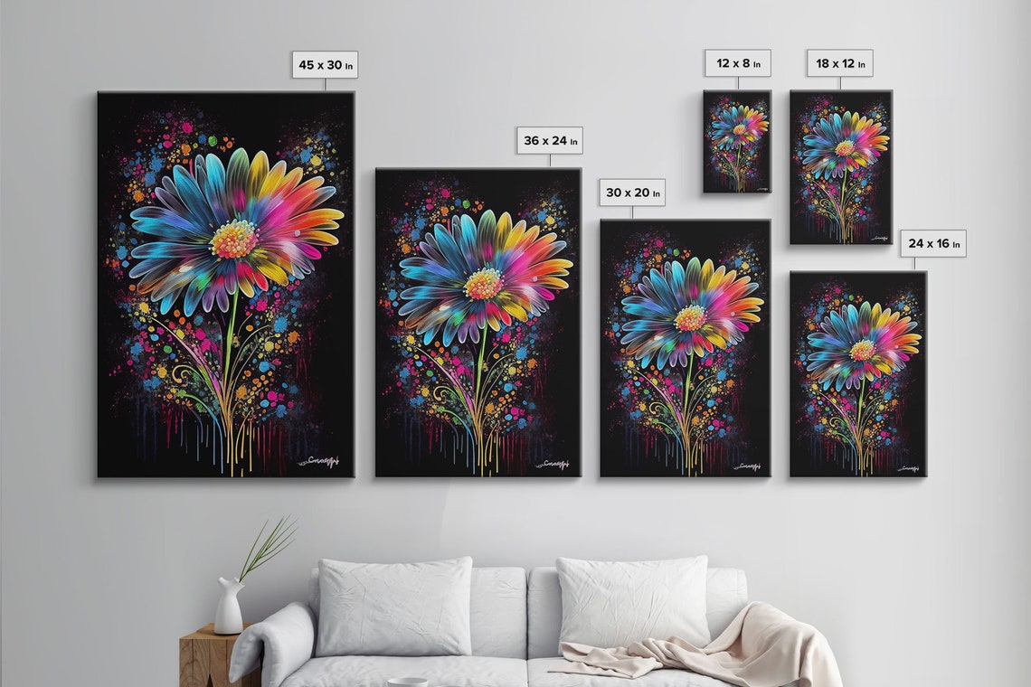 Neon Rainbow Daisy Flower Graffiti Splatter Black Background Poster - Image 4