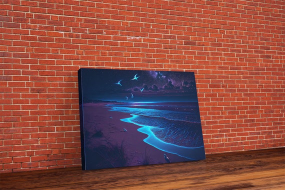 Vaporwave Starry Night Over A Calm Beach Watercolor Framed Print Synthwave Wall Art Aesthetic