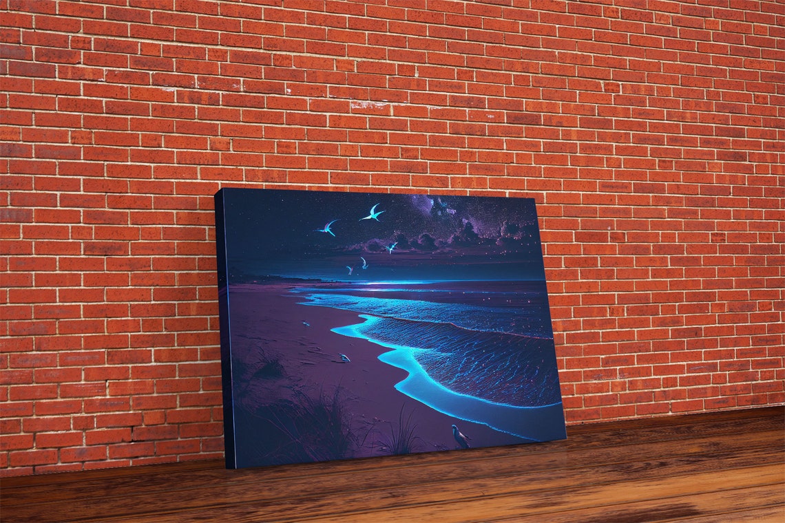 Vaporwave Beach Night Glowing Ocean Waves Starry Neon Sky Poster