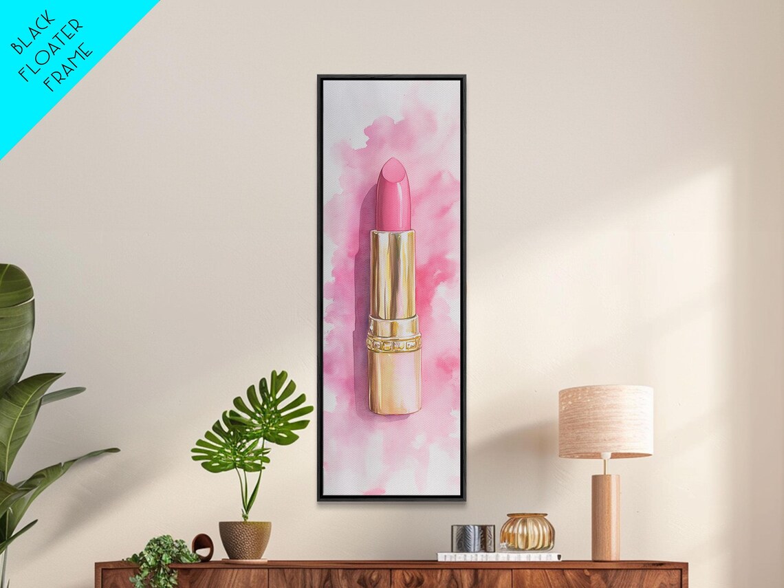 Pink Lipstick Watercolor Painting Gold Tube Makeup Beauty Vertical Poster - Image 6