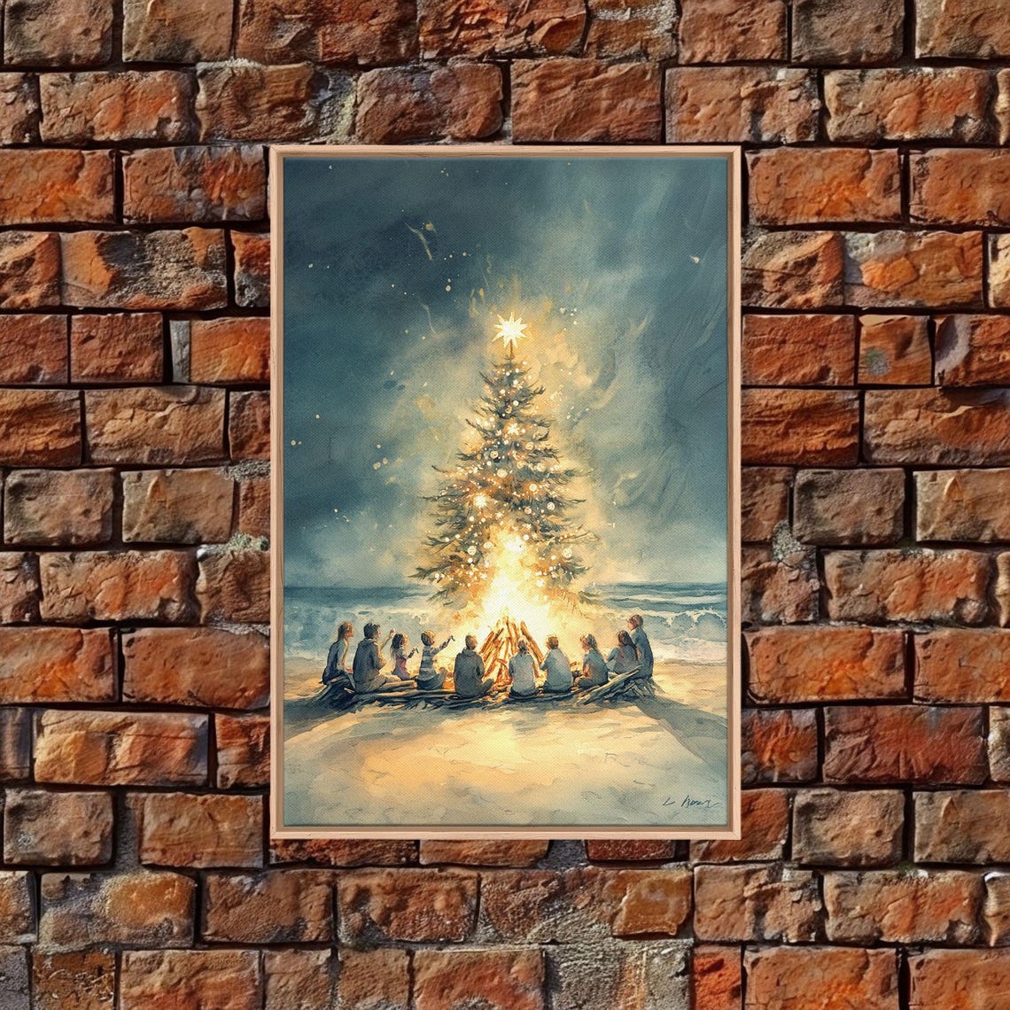 Christmas Beach Bonfire With Glowing Tree At Night Watercolor Poster - Image 5