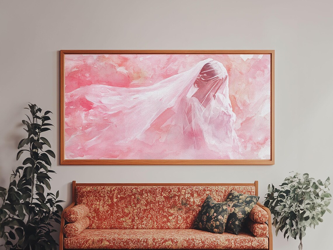 Veiled Woman In Blush Pink Wide Horizontal Soft Watercolor Portrait Poster - Image 6