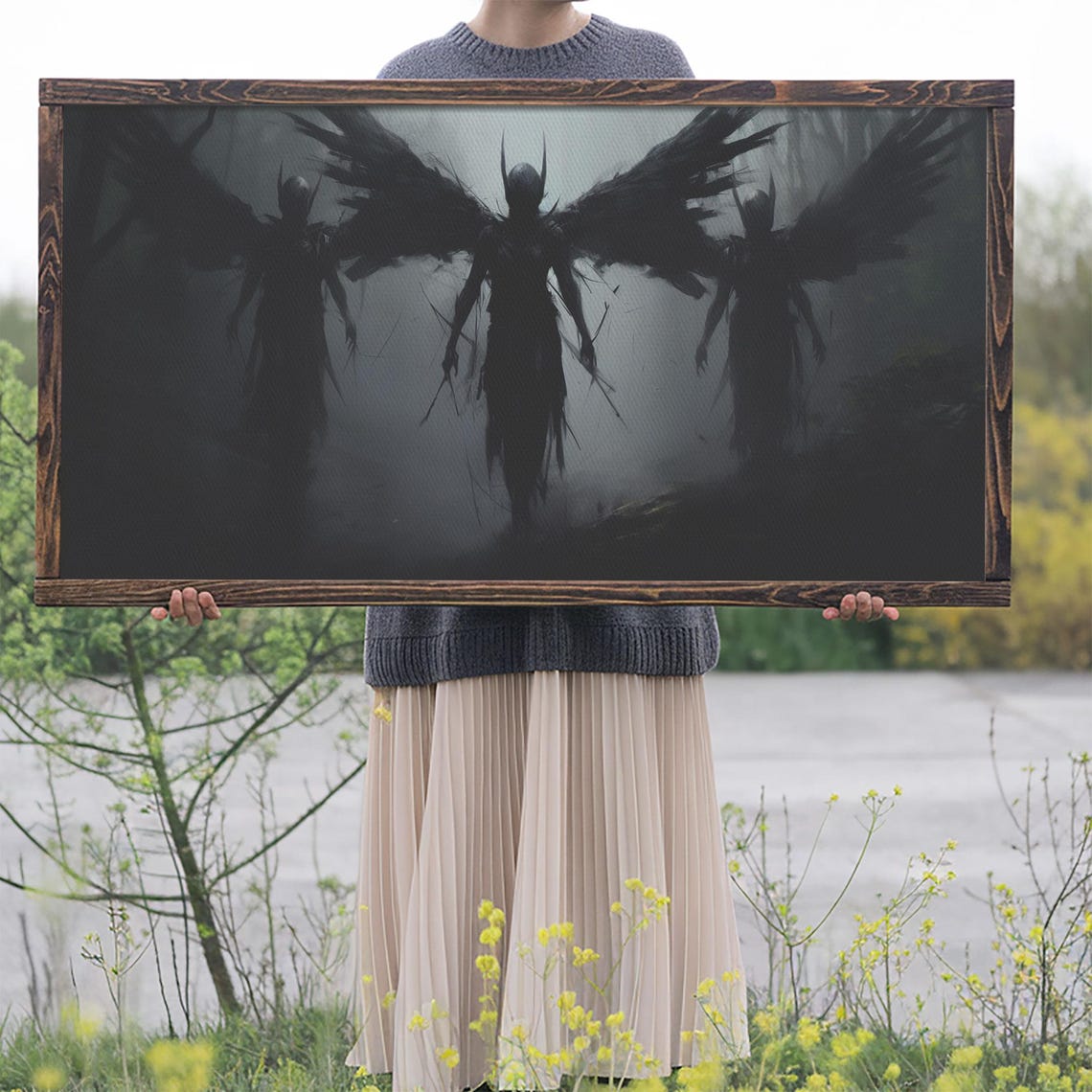 Dark Fallen Angels With Black Wings In Fog Gothic Charcoal Poster - Image 2