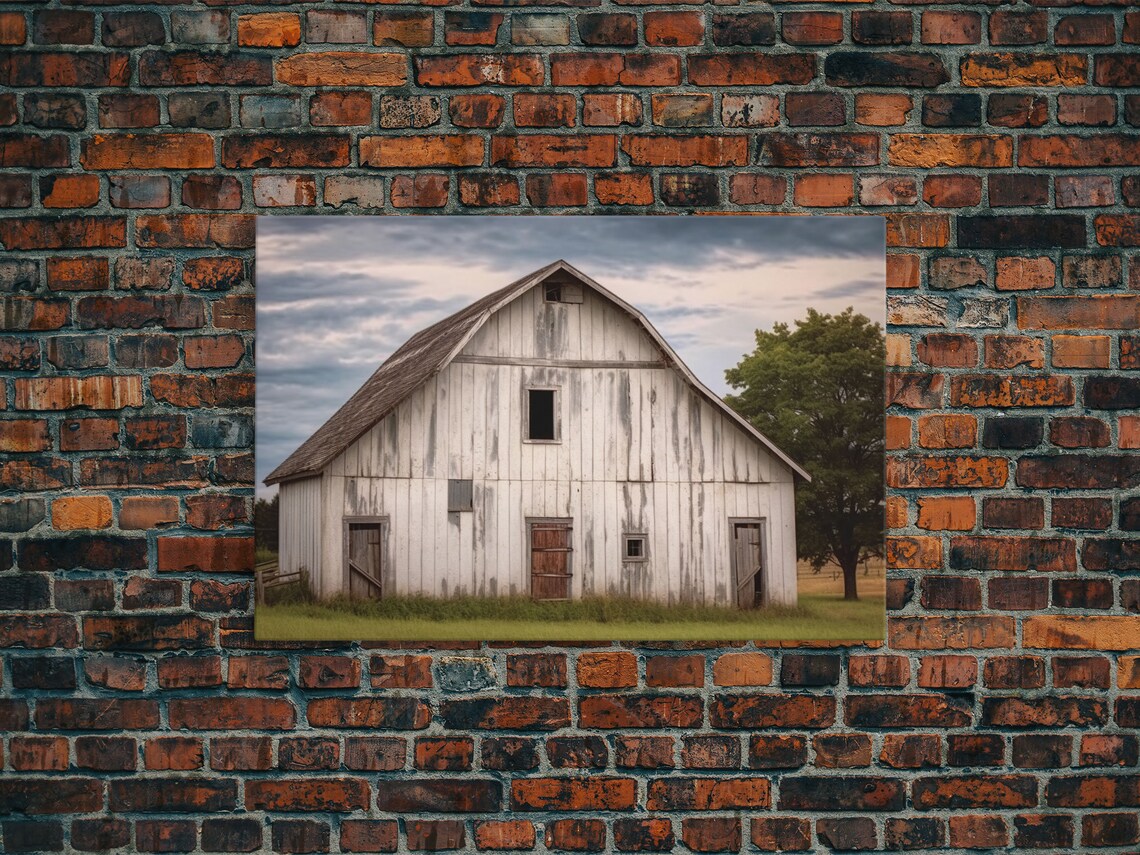 White Barn Landscape Print, Rustic Farmhouse Decor