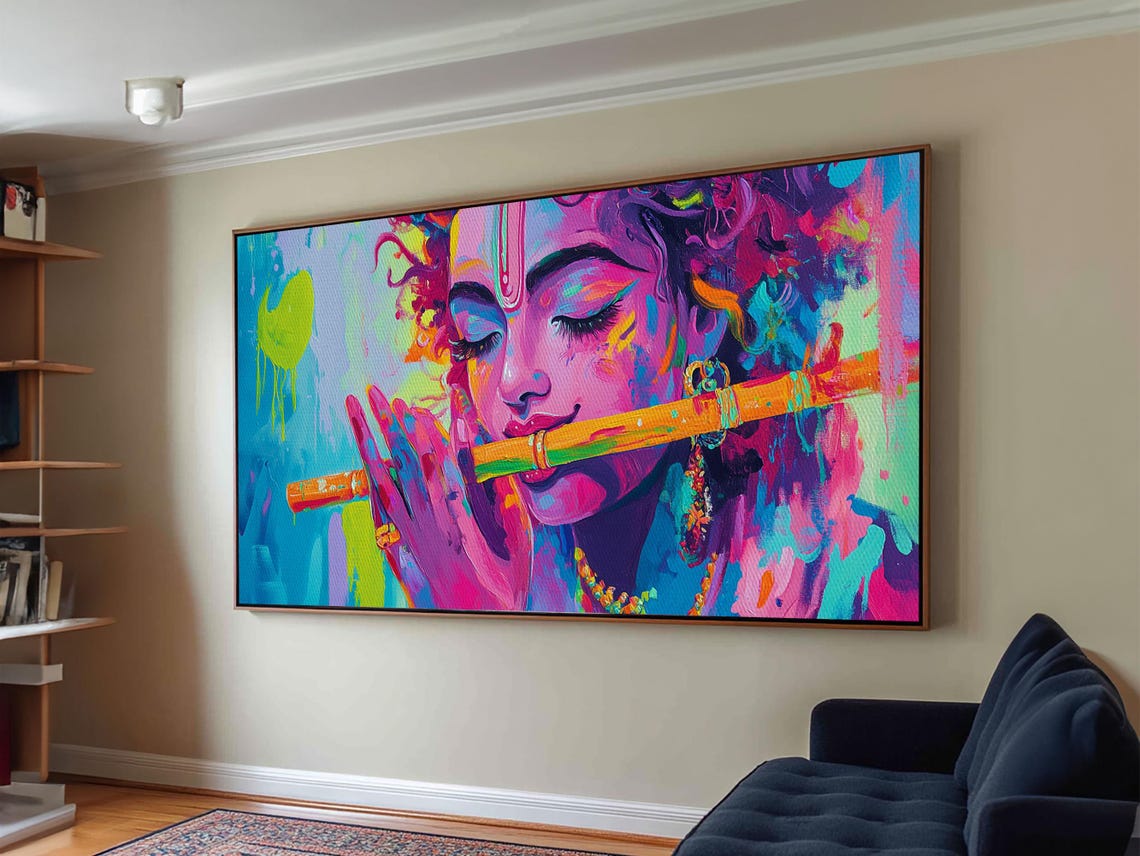 Krishna Playing Flute Vibrant Abstract Hindu Portrait Art Poster - Image 6