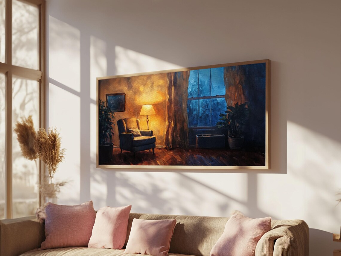 Cozy Armchair By Window Lamp Glow Evening Interior Oil Wall Poster