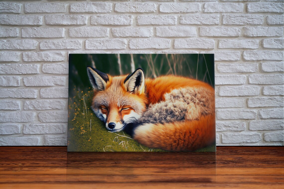 Sleeping Red Fox Curled Up On Grass Peaceful Woodland Animal Art Poster - Image 6