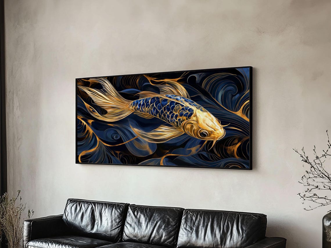 Golden Blue Koi Fish Flowing Fins Dark Elegant Asian Style Wall Art - Image 3