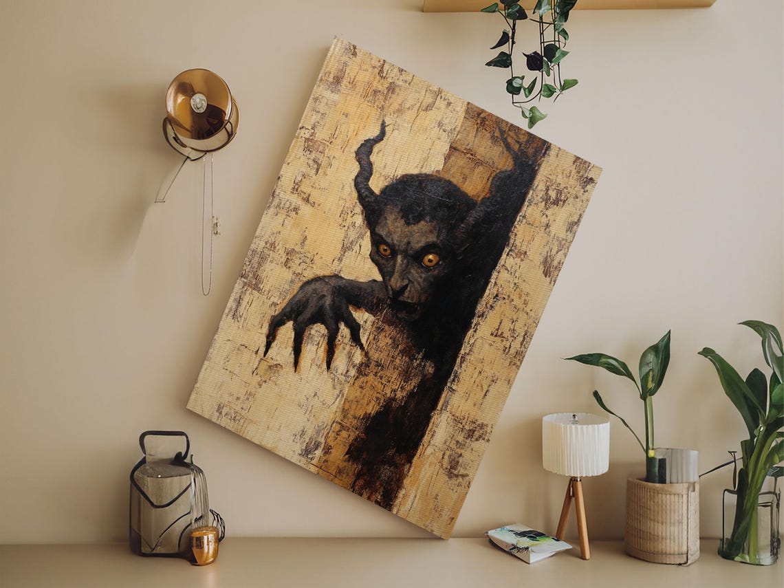 Horned Demon Peeking Around Wall Dark Horror Painting Poster - Image 6