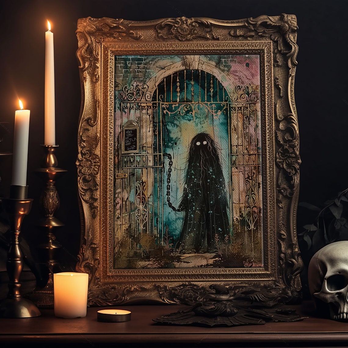 Shadow Ghost Glowing Eyes Locked Iron Gate Spooky Art Poster - Image 6