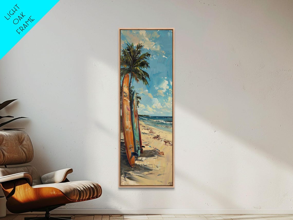 Two Vintage Surfboards Standing On Sandy Beach Under Palm Tree Poster - Image 5