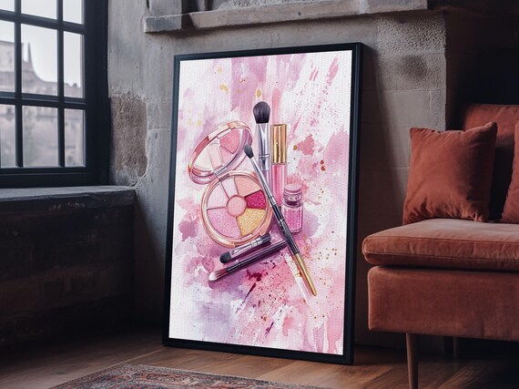 Pink Makeup Set Eyeshadow Brushes Watercolor Art Print Vanity Wall Poster