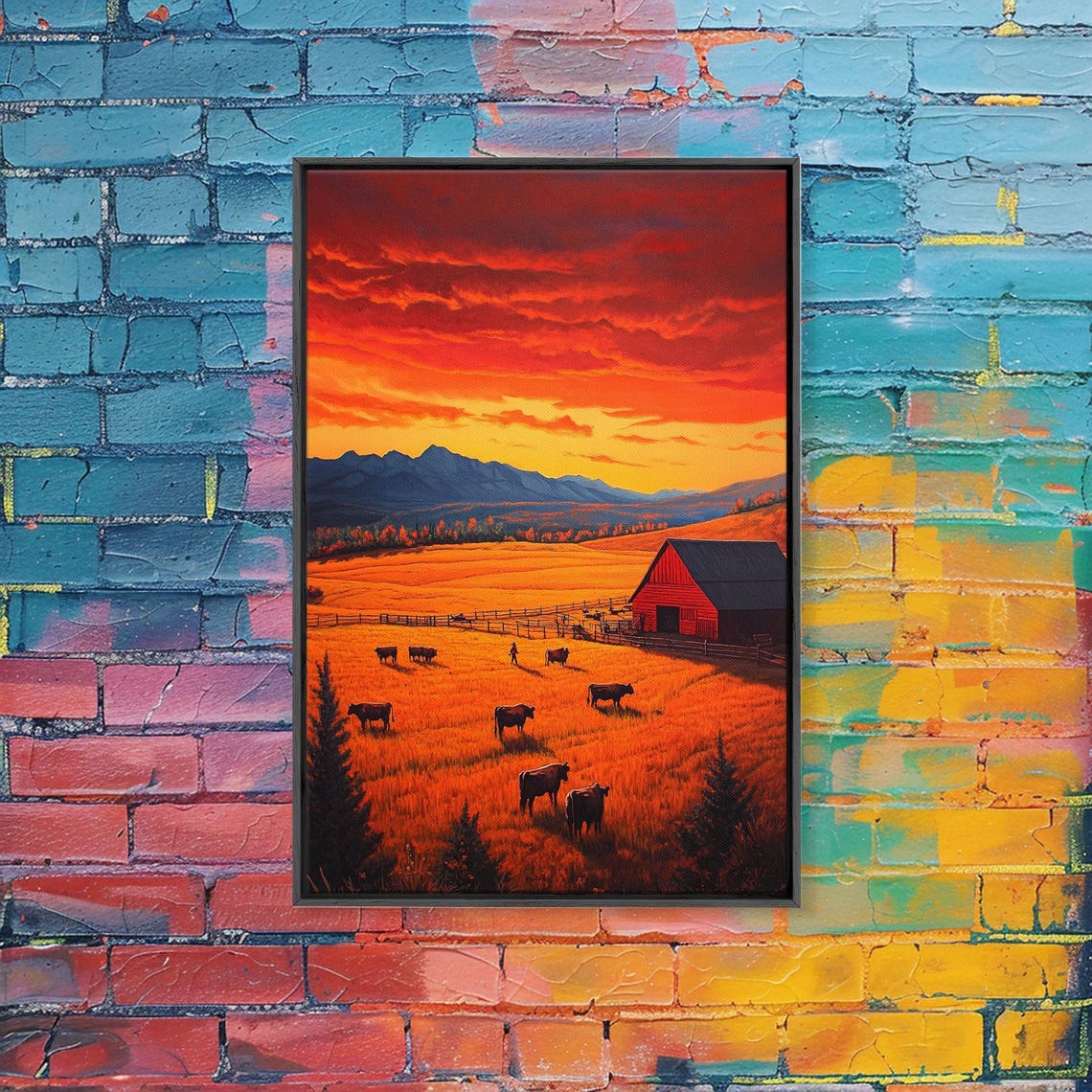 Golden Fields At Sunset With Red Barn Grazing Cows Farm Poster