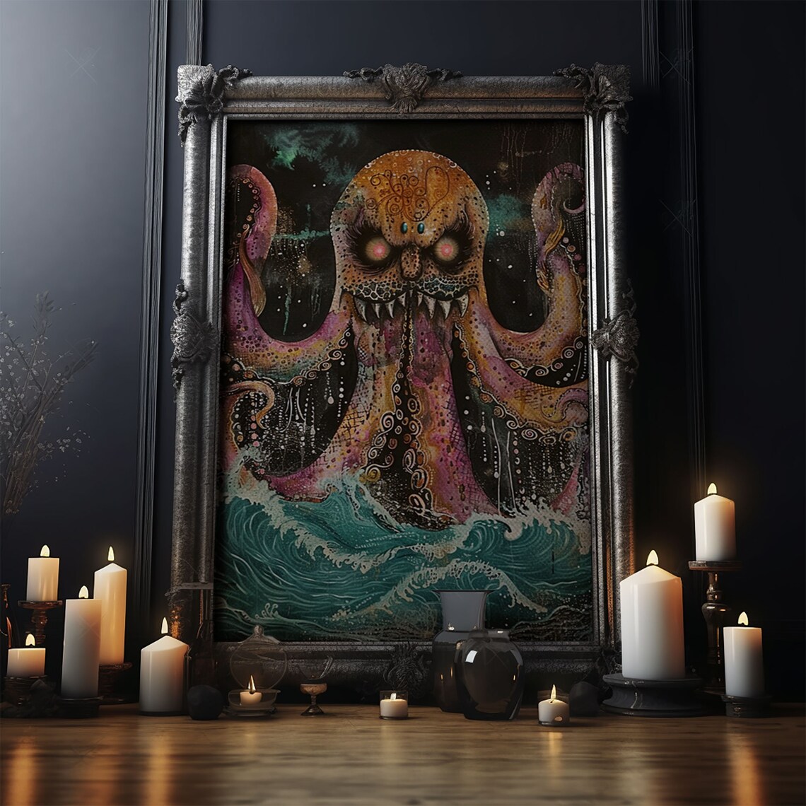 Giant Octopus Sea Monster Glowing Eyes Teal Waves Art Poster - Image 4