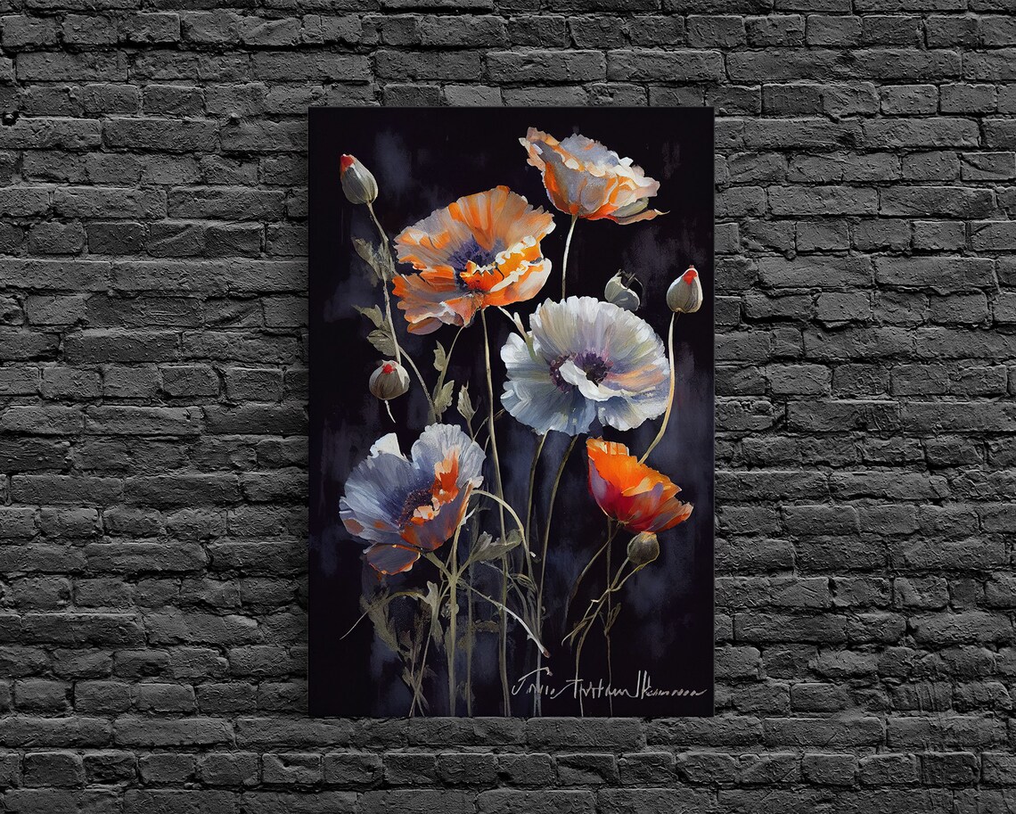 Orange White Poppy Flowers Moody Black Background Floral Oil Poster
