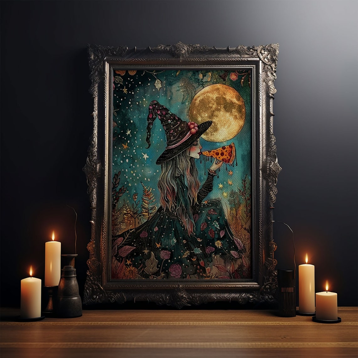 Whimsical Witch Eating Pizza Slice Under Full Moon Funny Art Poster - Image 4