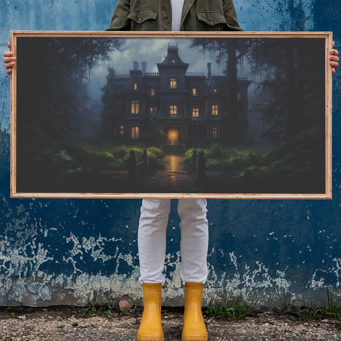 Haunted Victorian Mansion Night Glowing Windows Spooky House Poster - Image 6