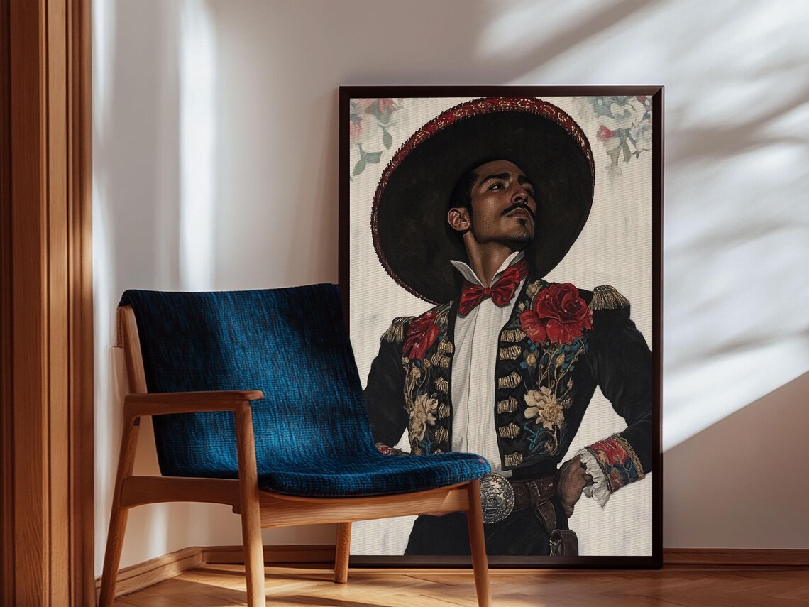 Charro Sombrero Portrait Red Bow Tie Embroidered Suit Mexican Heritage Wall Art - Image 4