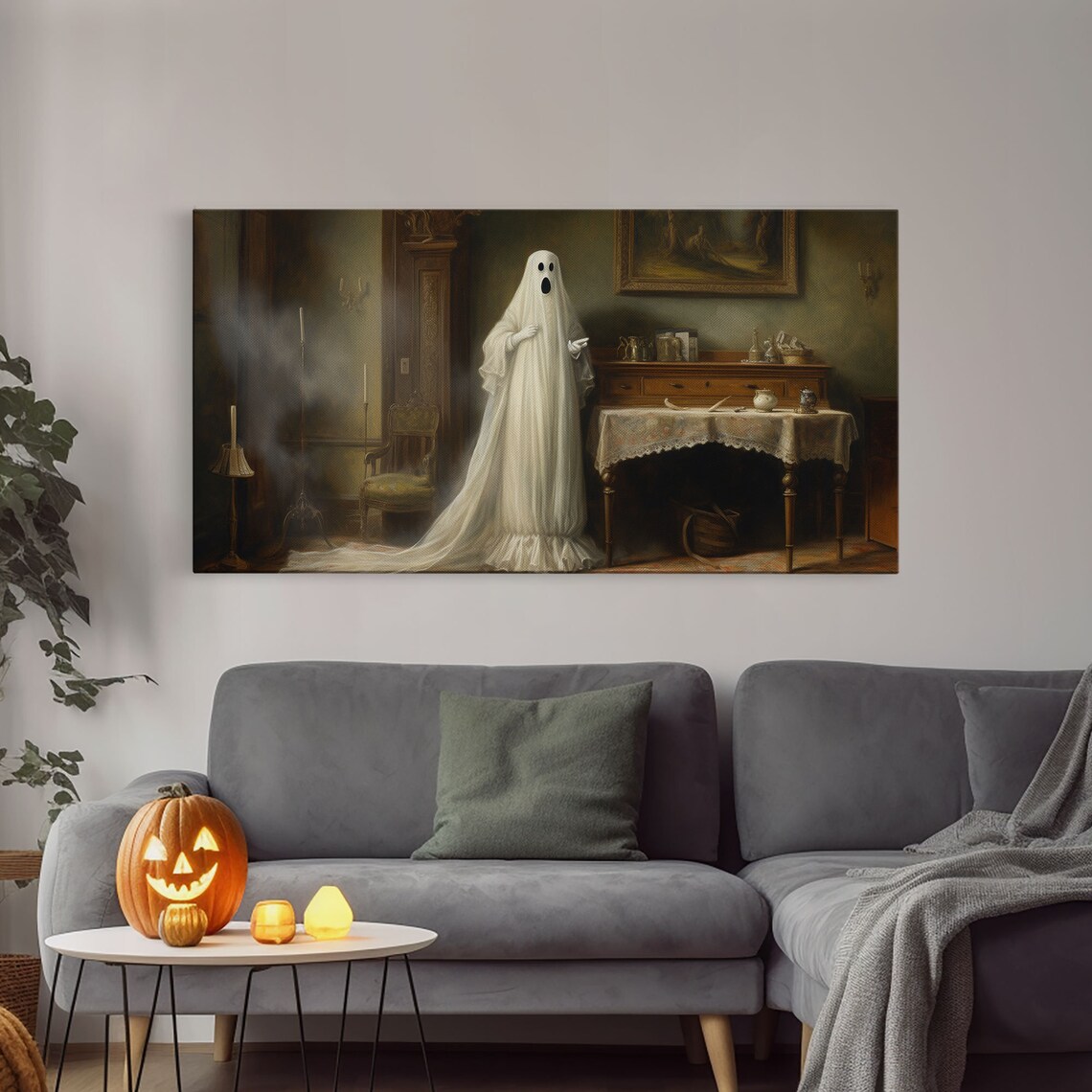 Sheet Ghost Victorian Parlor Standing Spooky Oil Painting Halloween Art Poster - Image 3