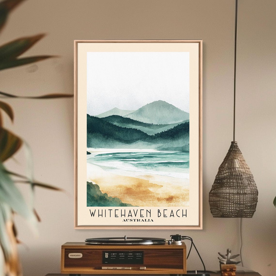 Whitehaven Beach Australia Misty Mountain Coast Watercolor Poster - Image 3