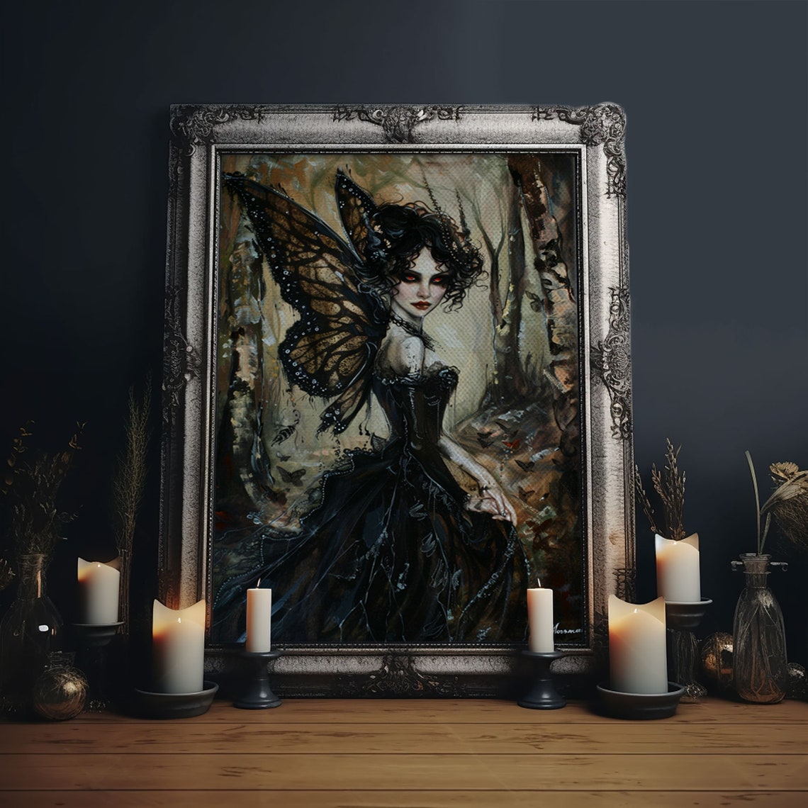Dark Gothic Fairy With Butterfly Wings In Enchanted Forest Poster