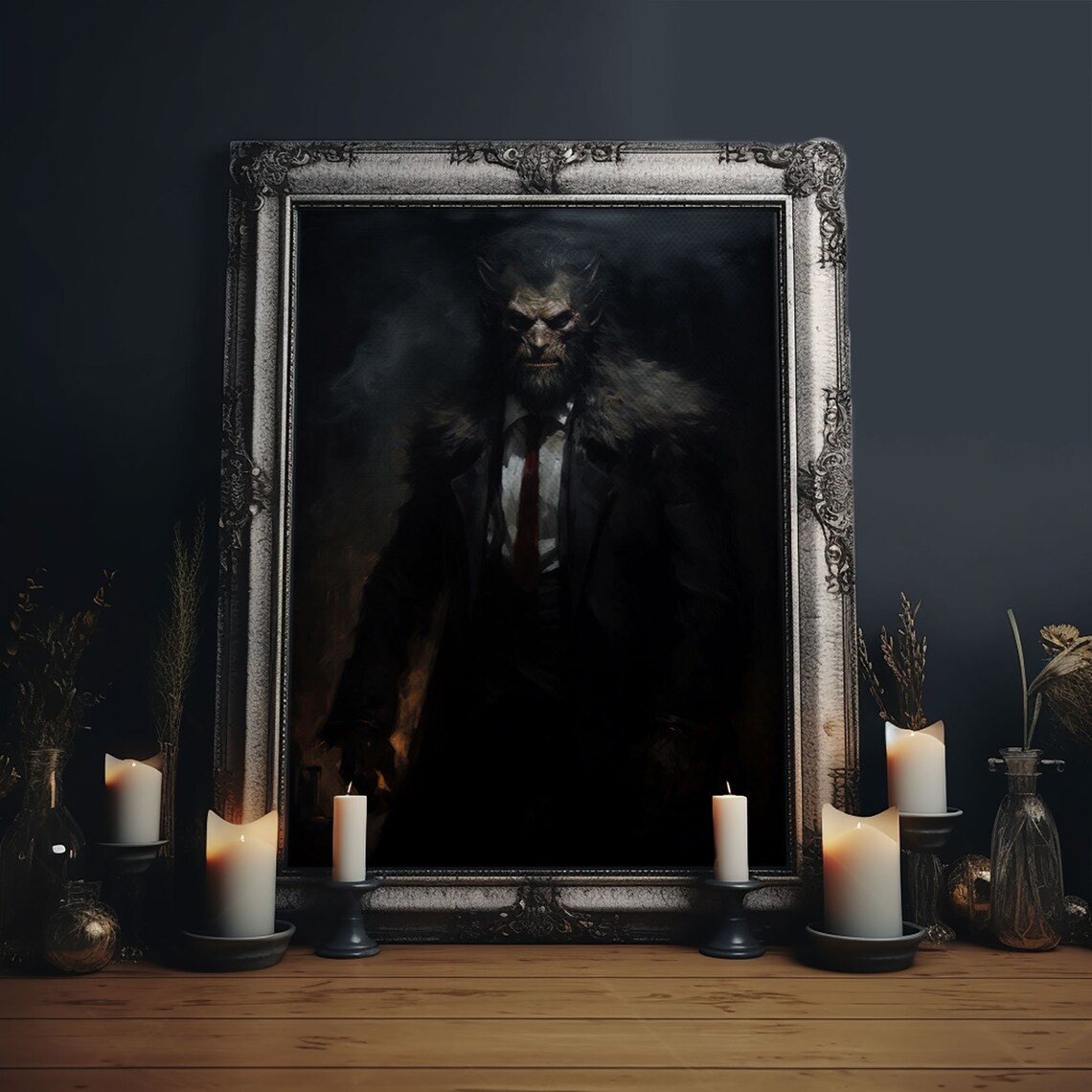 Dark Werewolf Businessman Portrait Suit Shadowy Gothic Horror Art Print